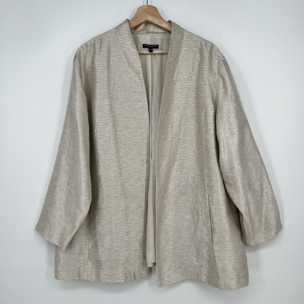 Eileen Fisher Woman Silk Wool Blend Blazer 1X Cream Tan Open Jacket Metallic
